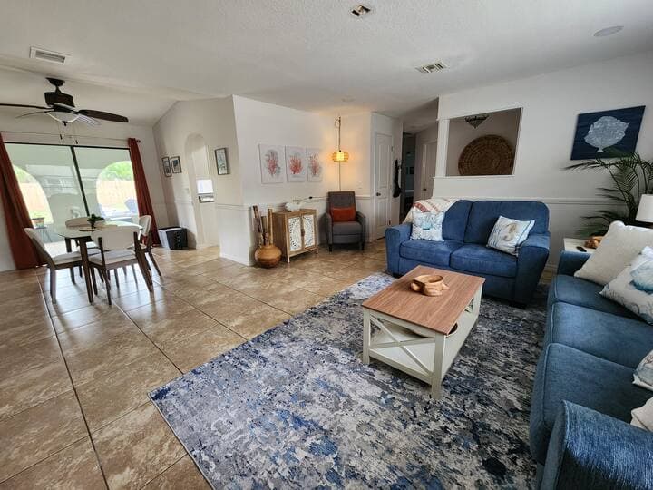 Cozy living room with coastal decor